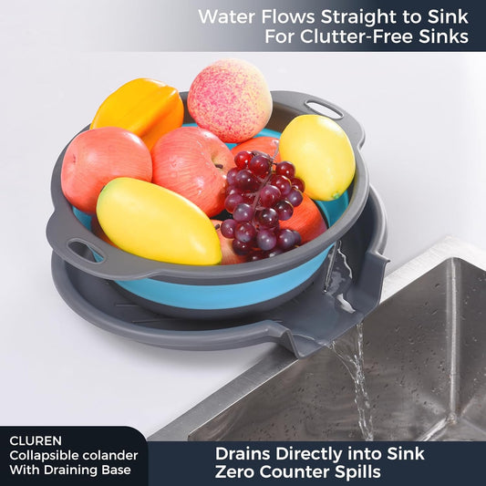 Collapsible Colander Set with Oversized Draining Tray | 3-Pack Foldable Kitchen Strainers + Base | Space Saving for Pasta, Veggies, Fruit & Rice | 5 Colors (Gray-Blue)