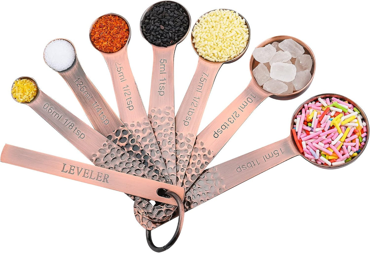 Copper Measuring Cups and Spoons Set 14, Stainless Steel Measure Cups and Spoons Set for Baking & Kitchen, 6 Metal Metric Measuring Cups and 7 Measuring Spoons 1 Leveler for Dry & Liquid