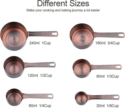 Copper Measuring Cups and Spoons Set 14, Stainless Steel Measure Cups and Spoons Set for Baking & Kitchen, 6 Metal Metric Measuring Cups and 7 Measuring Spoons 1 Leveler for Dry & Liquid