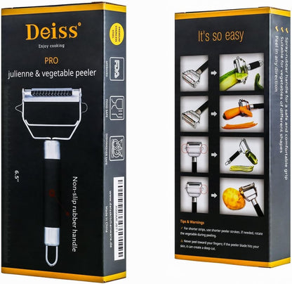 Deiss PRO Dual Julienne Peeler & Vegetable Peeler - Non-slip Handle - Apple Peeler & Potato Peeler, Orange Peeler, Zoodles Maker - Y Peeler, Veggie Peeler for Making Delicious Veggie Noodles