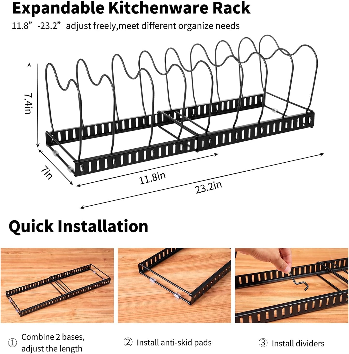 Pots and Pans Organizer,with 10 Adjustable Partitions | Rack for under Cabinet,Expandable Pot Lid Kitchen Cabinet Organizer Holder,Suitable for Kitchen Pan Organizers Inside Cabinet