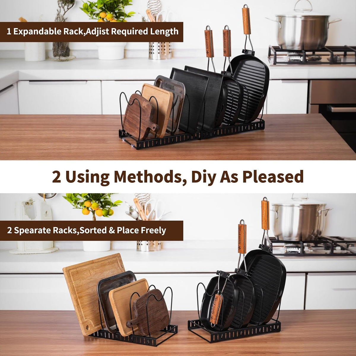 Pots and Pans Organizer,with 10 Adjustable Partitions | Rack for under Cabinet,Expandable Pot Lid Kitchen Cabinet Organizer Holder,Suitable for Kitchen Pan Organizers Inside Cabinet
