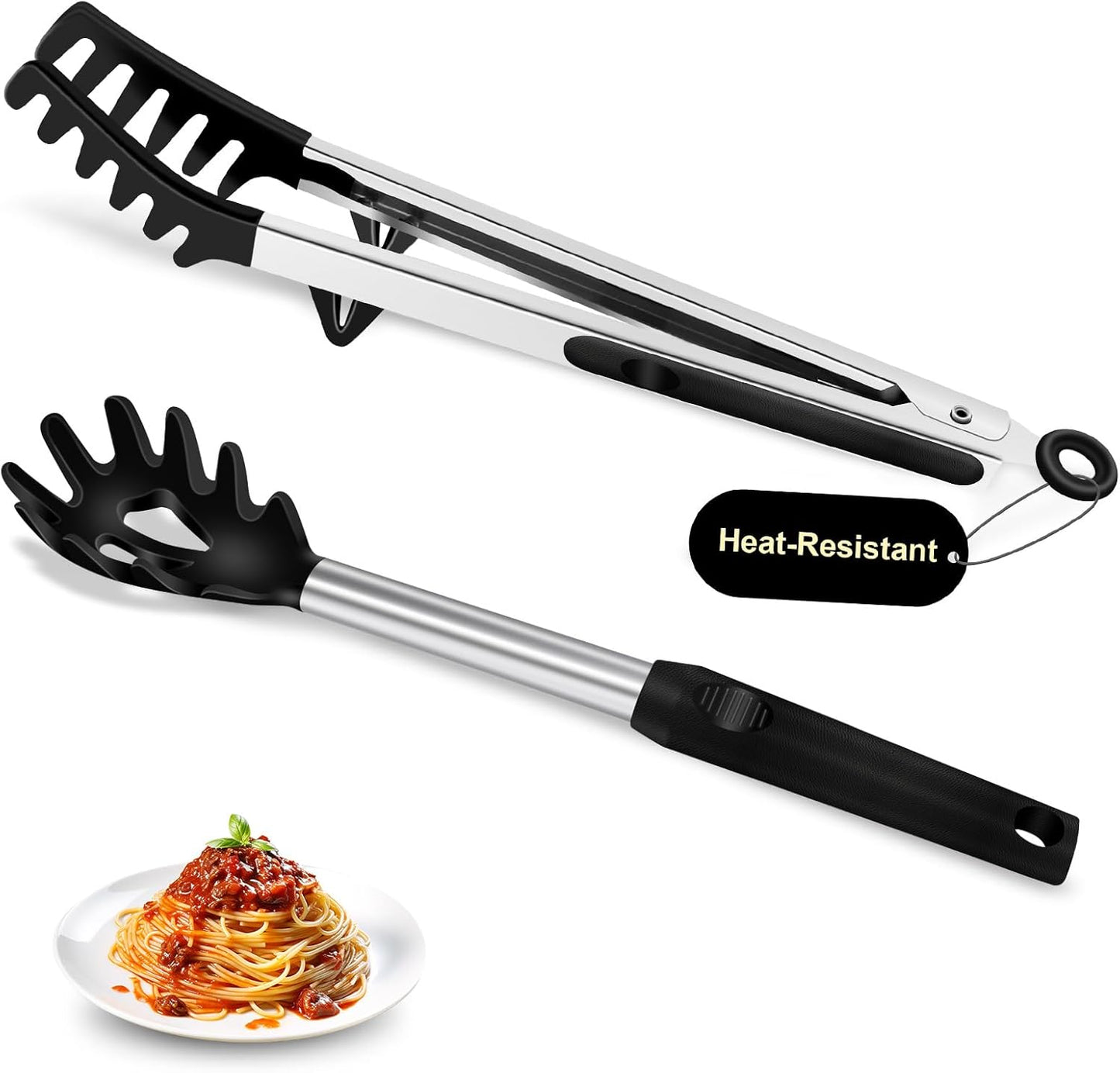 2-Piece Silicone Spaghetti Spoon and Pasta Tong Set, Heat-Resistant Non-Stick Noodle Server with Teeth, 13“ BPA-Free Spaghetti Strainer Fork, Stainless Steel Handle for Pasta Cooking, Black