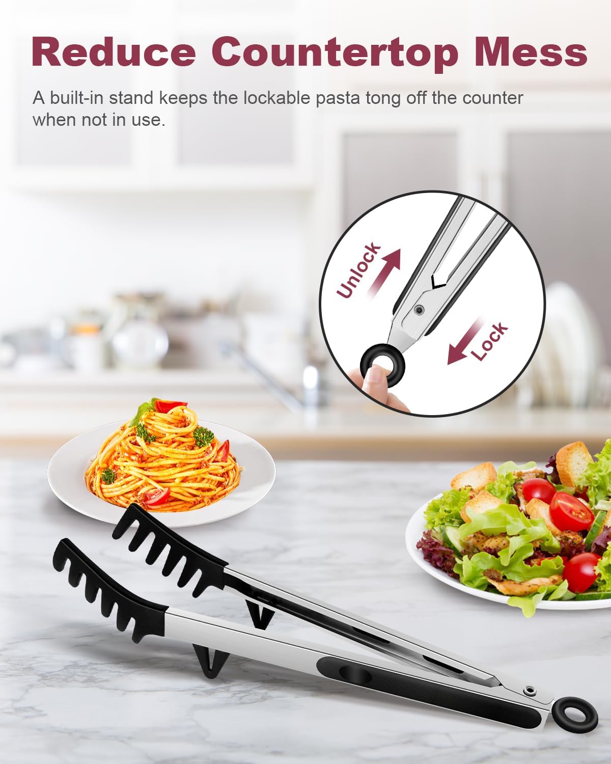 2-Piece Silicone Spaghetti Spoon and Pasta Tong Set, Heat-Resistant Non-Stick Noodle Server with Teeth, 13“ BPA-Free Spaghetti Strainer Fork, Stainless Steel Handle for Pasta Cooking, Black