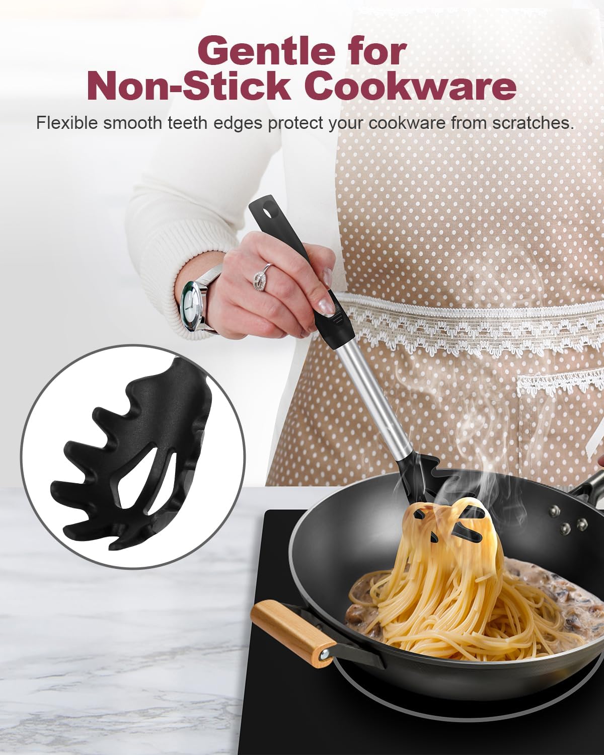 2-Piece Silicone Spaghetti Spoon and Pasta Tong Set, Heat-Resistant Non-Stick Noodle Server with Teeth, 13“ BPA-Free Spaghetti Strainer Fork, Stainless Steel Handle for Pasta Cooking, Black
