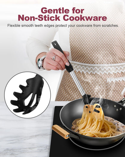 2-Piece Silicone Spaghetti Spoon and Pasta Tong Set, Heat-Resistant Non-Stick Noodle Server with Teeth, 13“ BPA-Free Spaghetti Strainer Fork, Stainless Steel Handle for Pasta Cooking, Black