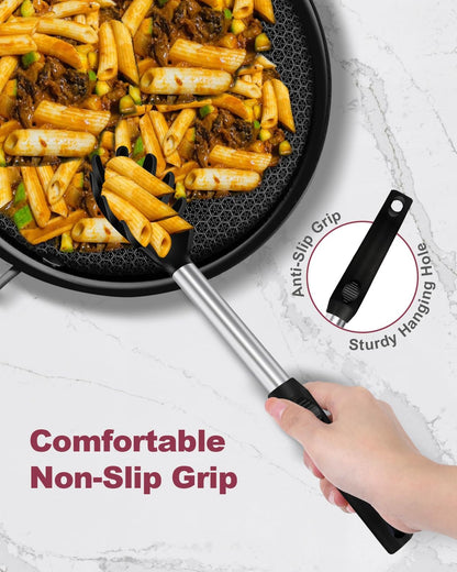 2-Piece Silicone Spaghetti Spoon and Pasta Tong Set, Heat-Resistant Non-Stick Noodle Server with Teeth, 13“ BPA-Free Spaghetti Strainer Fork, Stainless Steel Handle for Pasta Cooking, Black