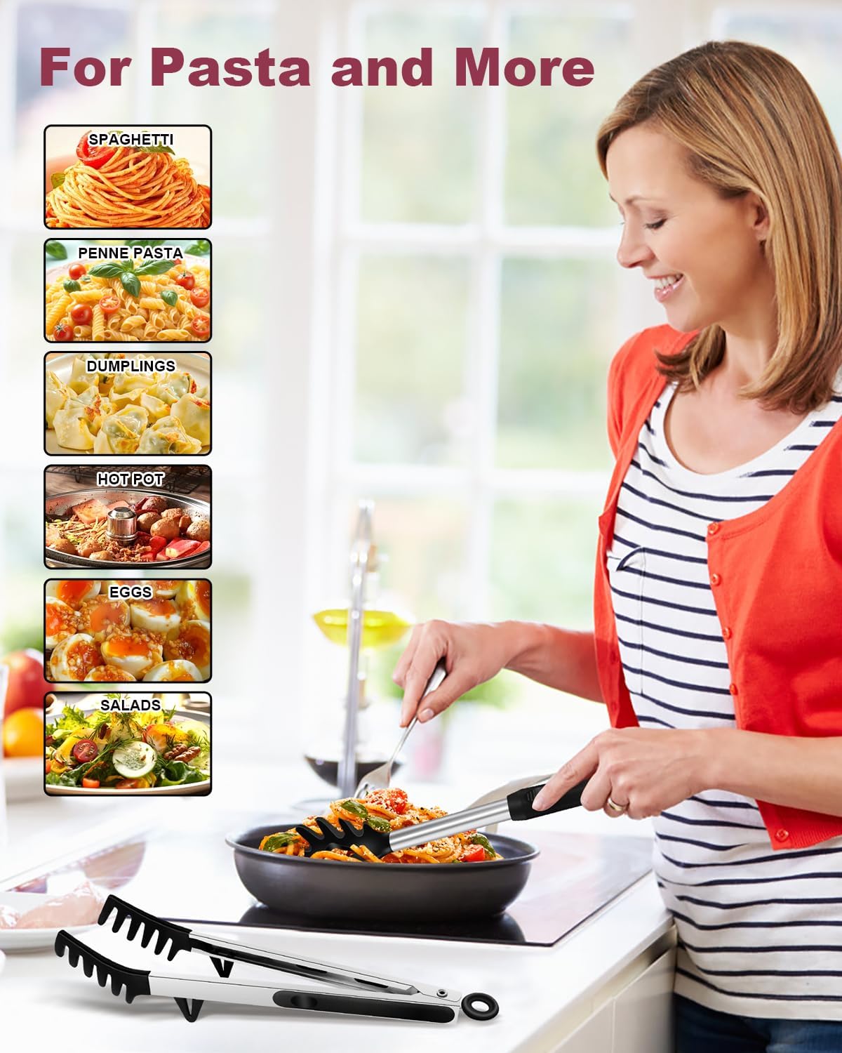 2-Piece Silicone Spaghetti Spoon and Pasta Tong Set, Heat-Resistant Non-Stick Noodle Server with Teeth, 13“ BPA-Free Spaghetti Strainer Fork, Stainless Steel Handle for Pasta Cooking, Black