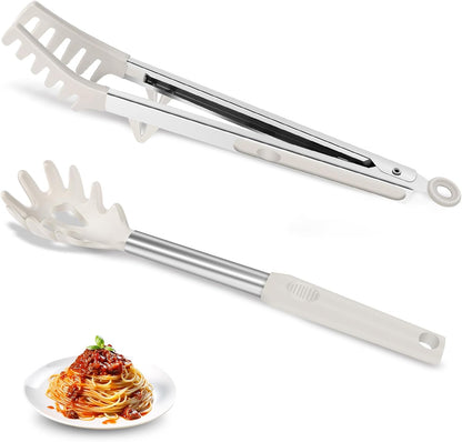 2-Piece Silicone Spaghetti Spoon and Pasta Tong Set, Heat-Resistant Non-Stick Noodle Server with Teeth, 13“ BPA-Free Spaghetti Strainer Fork, Stainless Steel Handle for Pasta Cooking, Black