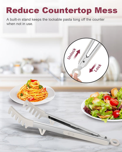 2-Piece Silicone Spaghetti Spoon and Pasta Tong Set, Heat-Resistant Non-Stick Noodle Server with Teeth, 13“ BPA-Free Spaghetti Strainer Fork, Stainless Steel Handle for Pasta Cooking, Black