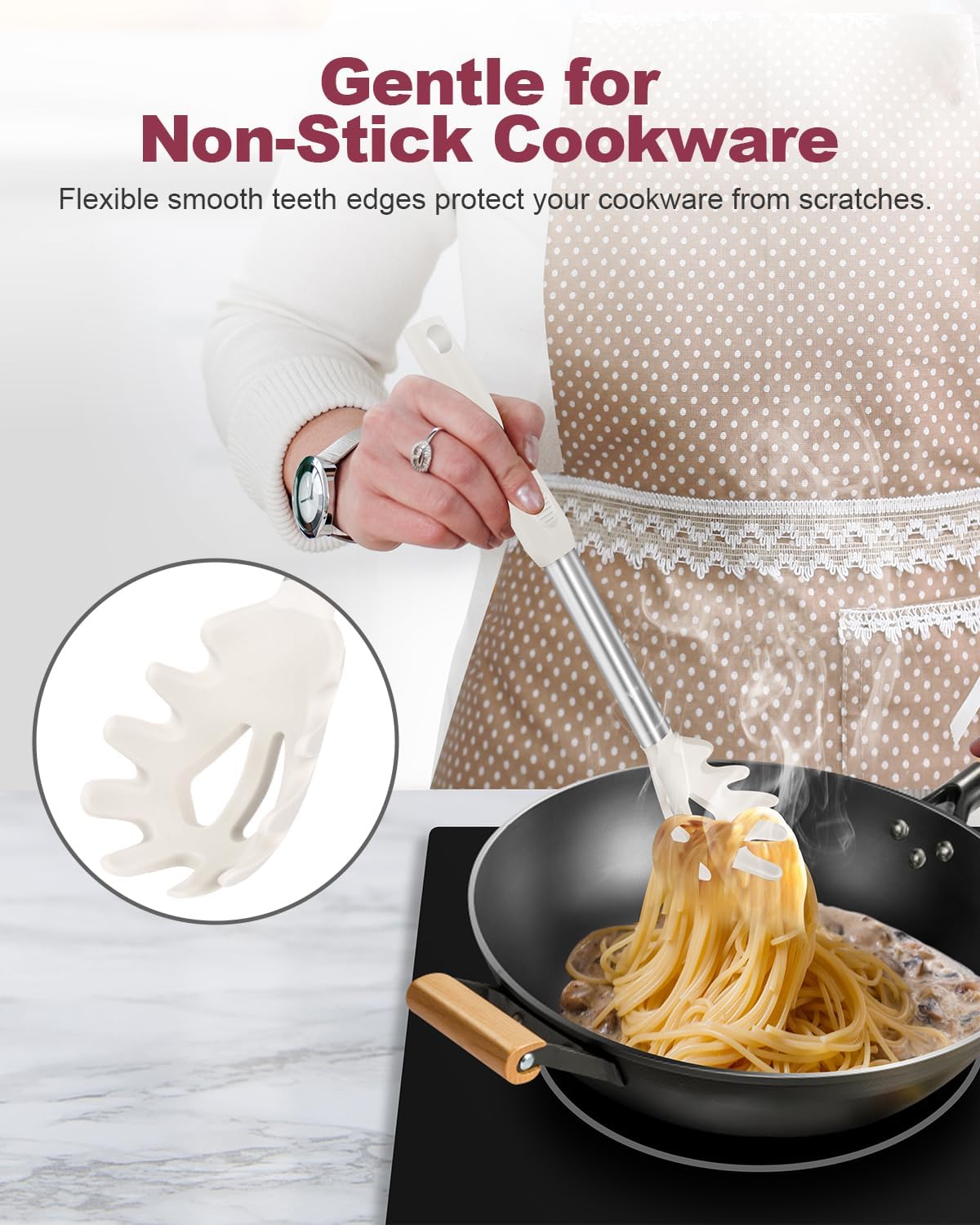 2-Piece Silicone Spaghetti Spoon and Pasta Tong Set, Heat-Resistant Non-Stick Noodle Server with Teeth, 13“ BPA-Free Spaghetti Strainer Fork, Stainless Steel Handle for Pasta Cooking, Black