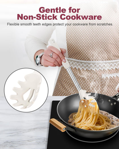 2-Piece Silicone Spaghetti Spoon and Pasta Tong Set, Heat-Resistant Non-Stick Noodle Server with Teeth, 13“ BPA-Free Spaghetti Strainer Fork, Stainless Steel Handle for Pasta Cooking, Black