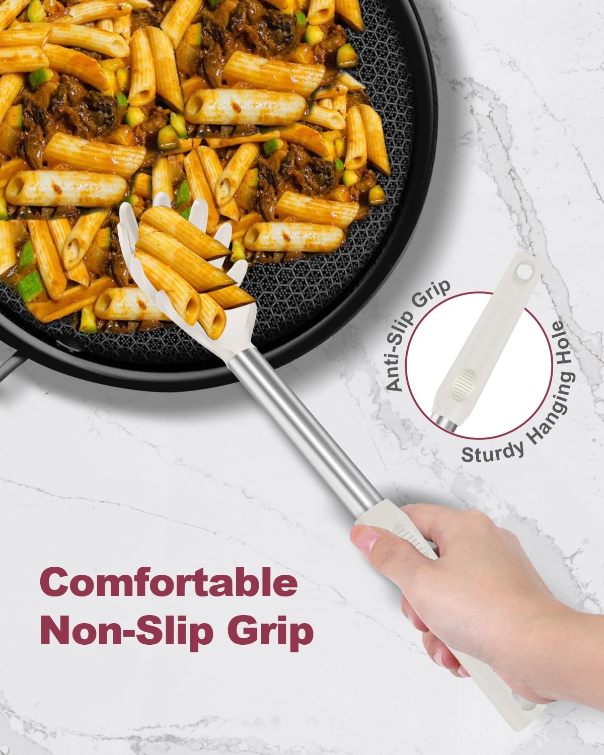 2-Piece Silicone Spaghetti Spoon and Pasta Tong Set, Heat-Resistant Non-Stick Noodle Server with Teeth, 13“ BPA-Free Spaghetti Strainer Fork, Stainless Steel Handle for Pasta Cooking, Black