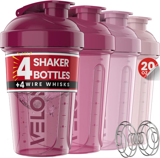 4 Pack 20oz Protein Shaker Bottle for Protein Mixes, Berry Blend | 4x Wire Whisk, Leak Proof Shaker Cups for Protein Shakes, Stackable, Cute Colors for Women, For Home, Gym, Office and Car