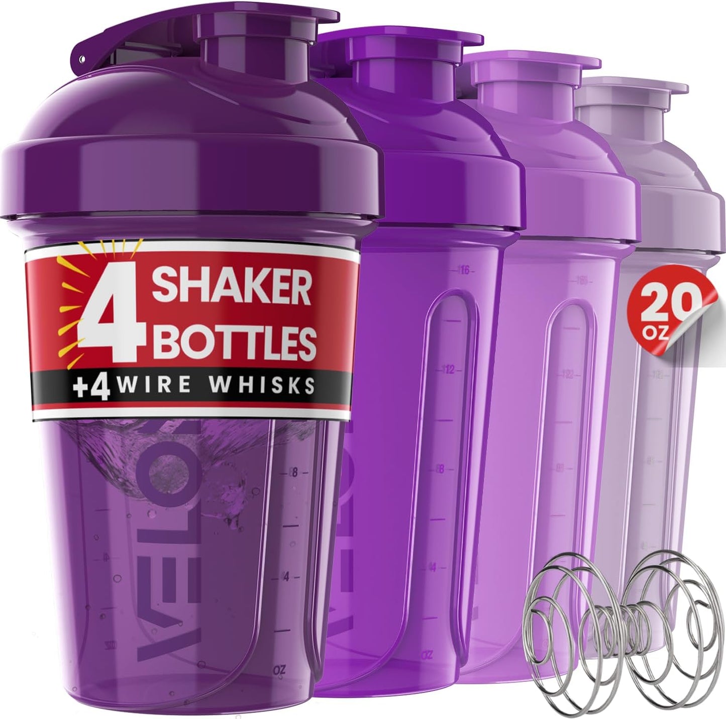 4 Pack 20oz Protein Shaker Bottle for Protein Mixes, Berry Blend | 4x Wire Whisk, Leak Proof Shaker Cups for Protein Shakes, Stackable, Cute Colors for Women, For Home, Gym, Office and Car