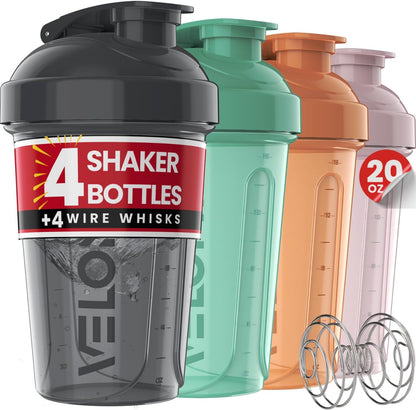 4 Pack 20oz Protein Shaker Bottle for Protein Mixes, Berry Blend | 4x Wire Whisk, Leak Proof Shaker Cups for Protein Shakes, Stackable, Cute Colors for Women, For Home, Gym, Office and Car