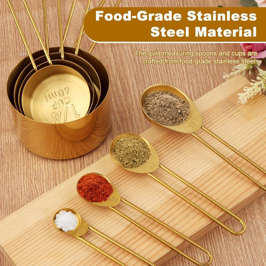 8pcs Measuring Cups and Spoons Set, Stainless Steel Measuring Cup Coffee Spoon Kitchen Gadgets, Stackable Measurin-g Cup Cooking Baking Accessories, Easy To Read(COLOR:gold)