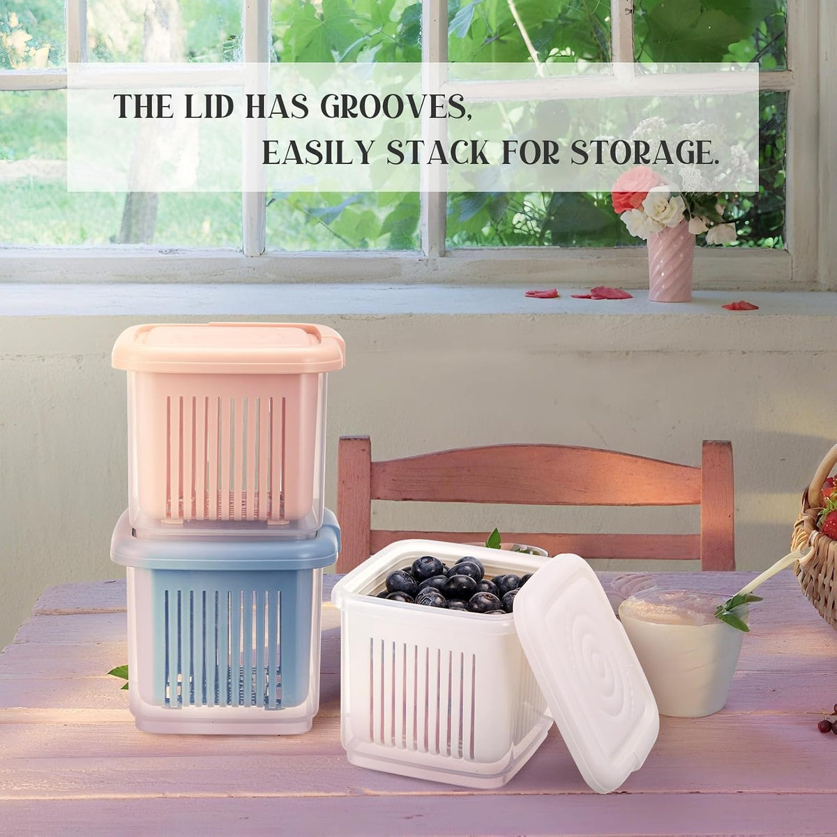 3 Pack Berry Containers for Fridge, 1-Quart with Colander