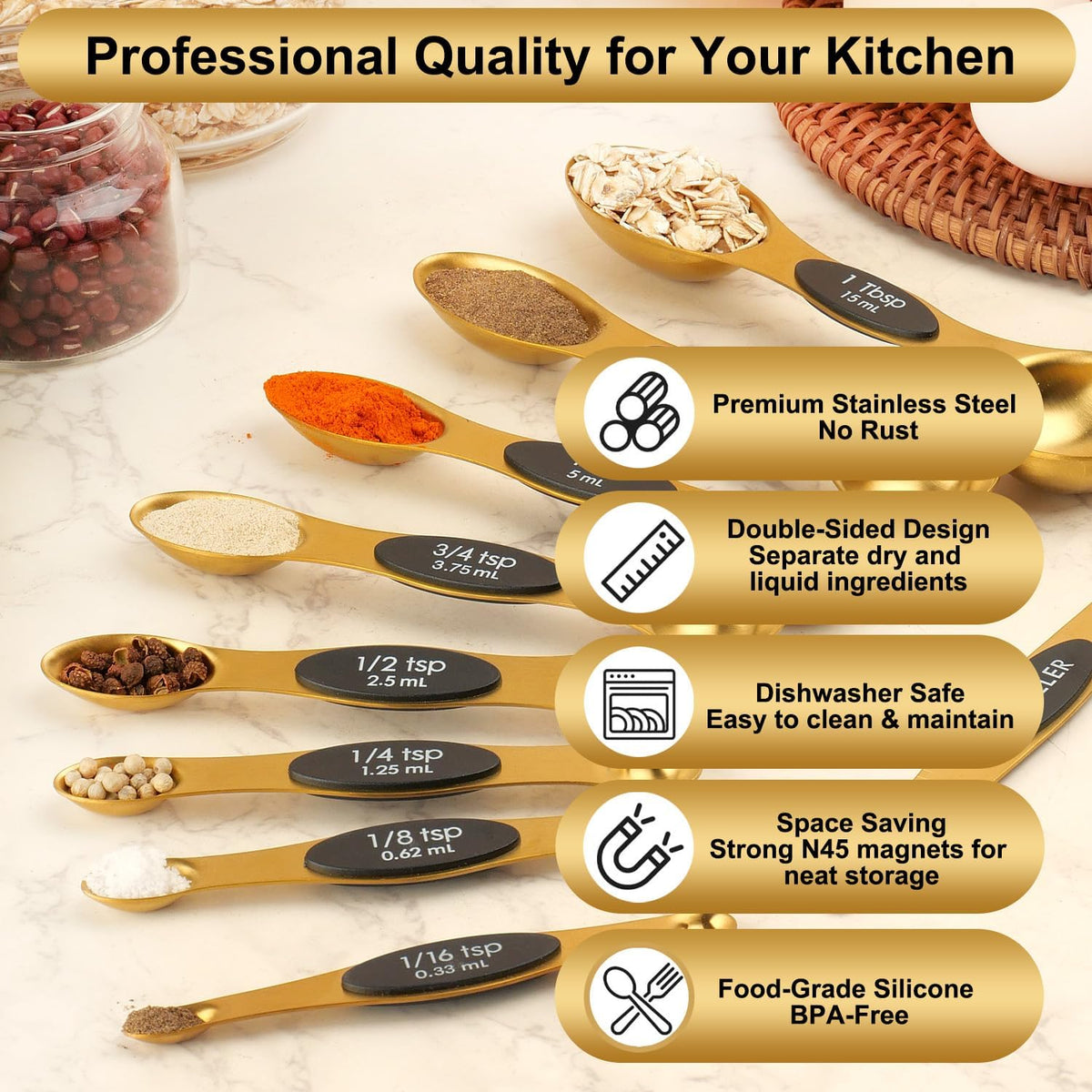Gold Magnetic Measuring Spoons Set Stainless Steel with Leveler, Dual-Sided Stackable Metal Measuring Spoons for Baking & Cooking, Fits in Spice Jars, Heavy Duty Kitchen Gadgets, 8 Spoons & 1 Leveler