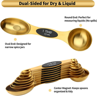 Gold Magnetic Measuring Spoons Set Stainless Steel with Leveler, Dual-Sided Stackable Metal Measuring Spoons for Baking & Cooking, Fits in Spice Jars, Heavy Duty Kitchen Gadgets, 8 Spoons & 1 Leveler