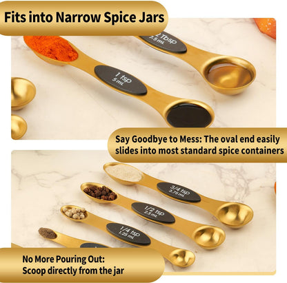 Gold Magnetic Measuring Spoons Set Stainless Steel with Leveler, Dual-Sided Stackable Metal Measuring Spoons for Baking & Cooking, Fits in Spice Jars, Heavy Duty Kitchen Gadgets, 8 Spoons & 1 Leveler