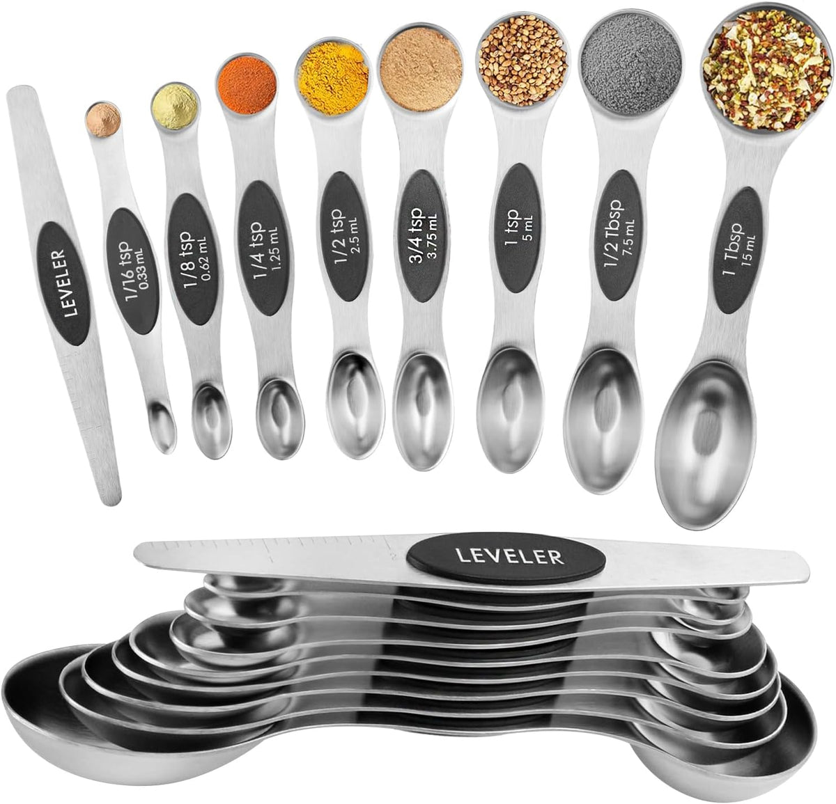 Gold Magnetic Measuring Spoons Set Stainless Steel with Leveler, Dual-Sided Stackable Metal Measuring Spoons for Baking & Cooking, Fits in Spice Jars, Heavy Duty Kitchen Gadgets, 8 Spoons & 1 Leveler