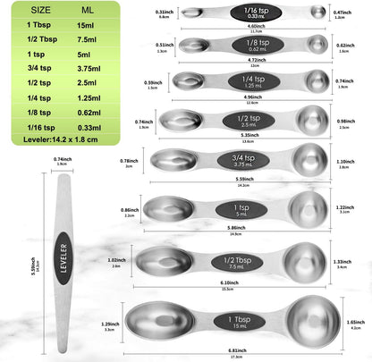 Gold Magnetic Measuring Spoons Set Stainless Steel with Leveler, Dual-Sided Stackable Metal Measuring Spoons for Baking & Cooking, Fits in Spice Jars, Heavy Duty Kitchen Gadgets, 8 Spoons & 1 Leveler