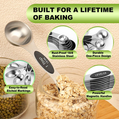 Gold Magnetic Measuring Spoons Set Stainless Steel with Leveler, Dual-Sided Stackable Metal Measuring Spoons for Baking & Cooking, Fits in Spice Jars, Heavy Duty Kitchen Gadgets, 8 Spoons & 1 Leveler