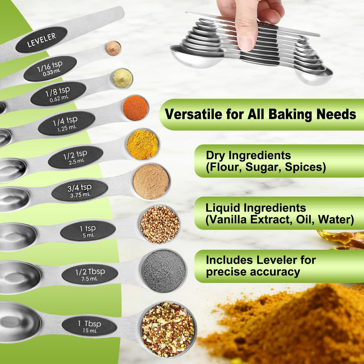 Gold Magnetic Measuring Spoons Set Stainless Steel with Leveler, Dual-Sided Stackable Metal Measuring Spoons for Baking & Cooking, Fits in Spice Jars, Heavy Duty Kitchen Gadgets, 8 Spoons & 1 Leveler
