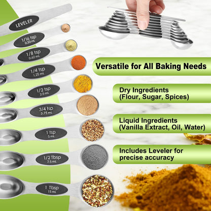 Gold Magnetic Measuring Spoons Set Stainless Steel with Leveler, Dual-Sided Stackable Metal Measuring Spoons for Baking & Cooking, Fits in Spice Jars, Heavy Duty Kitchen Gadgets, 8 Spoons & 1 Leveler