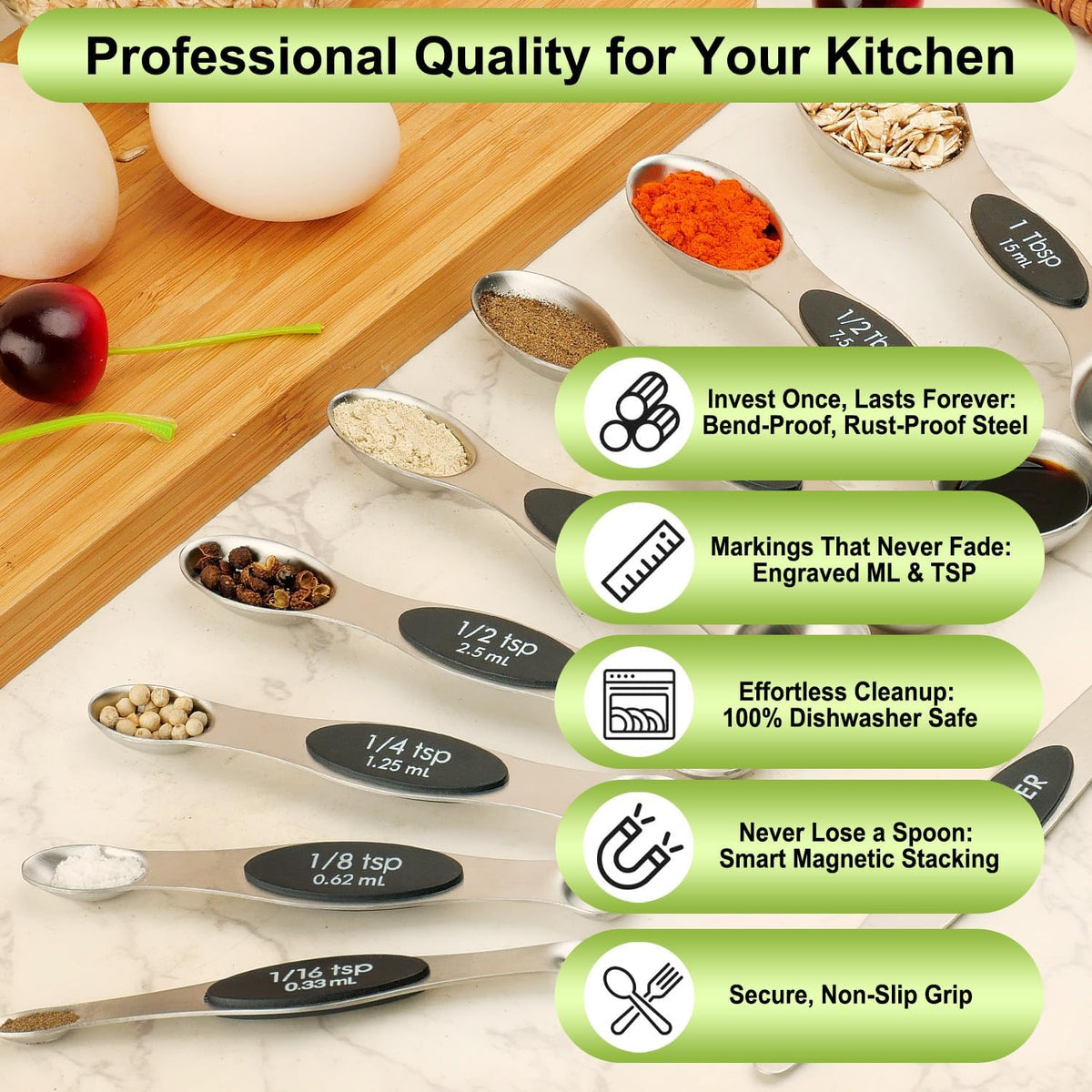 Gold Magnetic Measuring Spoons Set Stainless Steel with Leveler, Dual-Sided Stackable Metal Measuring Spoons for Baking & Cooking, Fits in Spice Jars, Heavy Duty Kitchen Gadgets, 8 Spoons & 1 Leveler
