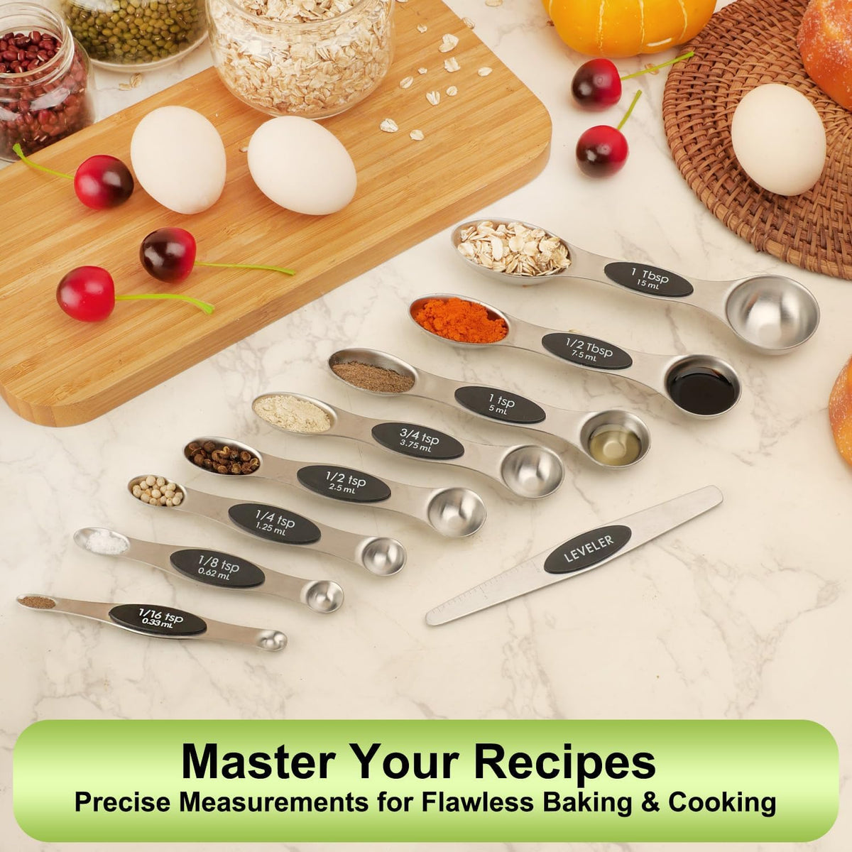 Gold Magnetic Measuring Spoons Set Stainless Steel with Leveler, Dual-Sided Stackable Metal Measuring Spoons for Baking & Cooking, Fits in Spice Jars, Heavy Duty Kitchen Gadgets, 8 Spoons & 1 Leveler