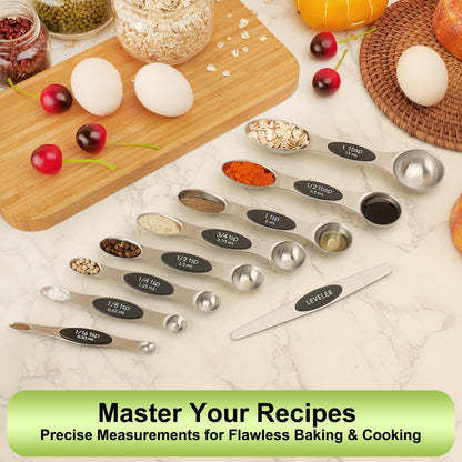 Gold Magnetic Measuring Spoons Set Stainless Steel with Leveler, Dual-Sided Stackable Metal Measuring Spoons for Baking & Cooking, Fits in Spice Jars, Heavy Duty Kitchen Gadgets, 8 Spoons & 1 Leveler