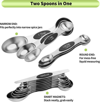 Gold Magnetic Measuring Spoons Set Stainless Steel with Leveler, Dual-Sided Stackable Metal Measuring Spoons for Baking & Cooking, Fits in Spice Jars, Heavy Duty Kitchen Gadgets, 8 Spoons & 1 Leveler