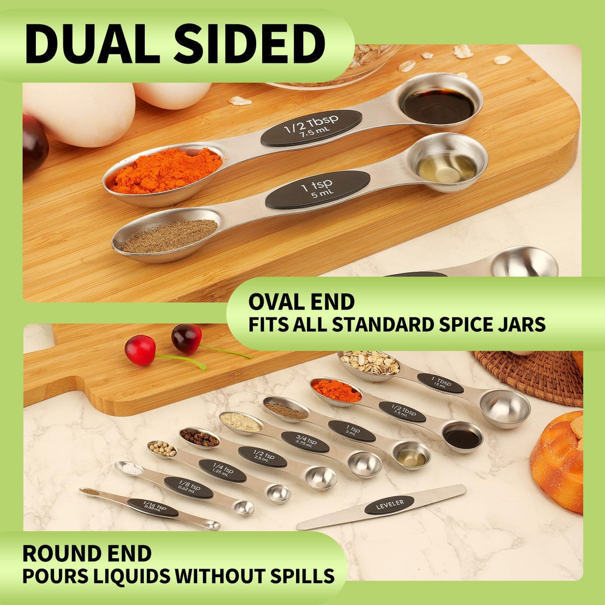 Gold Magnetic Measuring Spoons Set Stainless Steel with Leveler, Dual-Sided Stackable Metal Measuring Spoons for Baking & Cooking, Fits in Spice Jars, Heavy Duty Kitchen Gadgets, 8 Spoons & 1 Leveler
