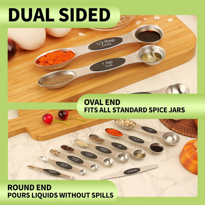 Gold Magnetic Measuring Spoons Set Stainless Steel with Leveler, Dual-Sided Stackable Metal Measuring Spoons for Baking & Cooking, Fits in Spice Jars, Heavy Duty Kitchen Gadgets, 8 Spoons & 1 Leveler