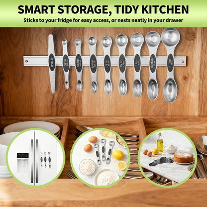 Gold Magnetic Measuring Spoons Set Stainless Steel with Leveler, Dual-Sided Stackable Metal Measuring Spoons for Baking & Cooking, Fits in Spice Jars, Heavy Duty Kitchen Gadgets, 8 Spoons & 1 Leveler