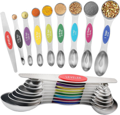 Gold Magnetic Measuring Spoons Set Stainless Steel with Leveler, Dual-Sided Stackable Metal Measuring Spoons for Baking & Cooking, Fits in Spice Jars, Heavy Duty Kitchen Gadgets, 8 Spoons & 1 Leveler