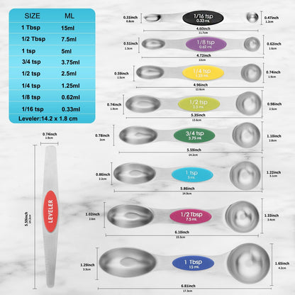 Gold Magnetic Measuring Spoons Set Stainless Steel with Leveler, Dual-Sided Stackable Metal Measuring Spoons for Baking & Cooking, Fits in Spice Jars, Heavy Duty Kitchen Gadgets, 8 Spoons & 1 Leveler