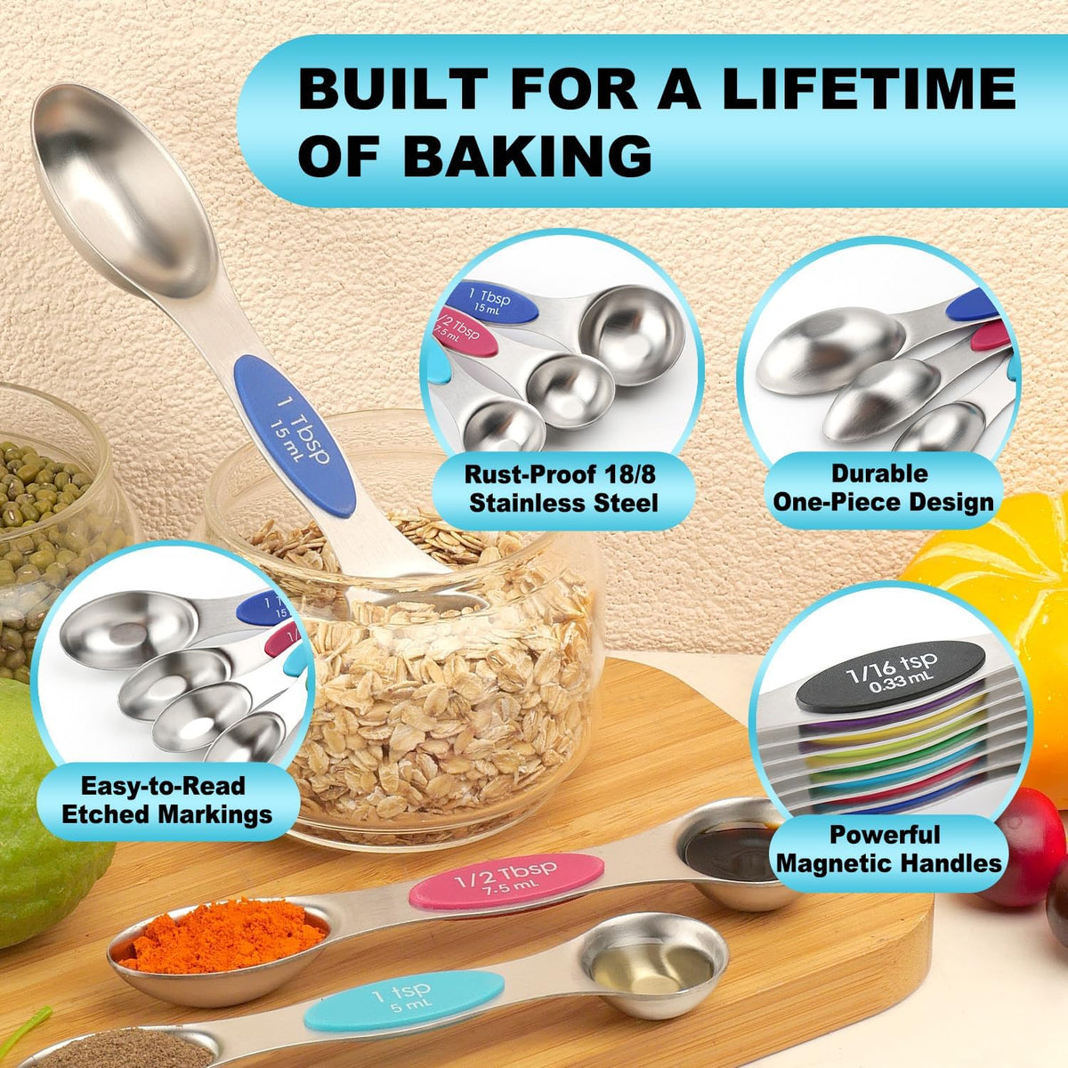 Gold Magnetic Measuring Spoons Set Stainless Steel with Leveler, Dual-Sided Stackable Metal Measuring Spoons for Baking & Cooking, Fits in Spice Jars, Heavy Duty Kitchen Gadgets, 8 Spoons & 1 Leveler