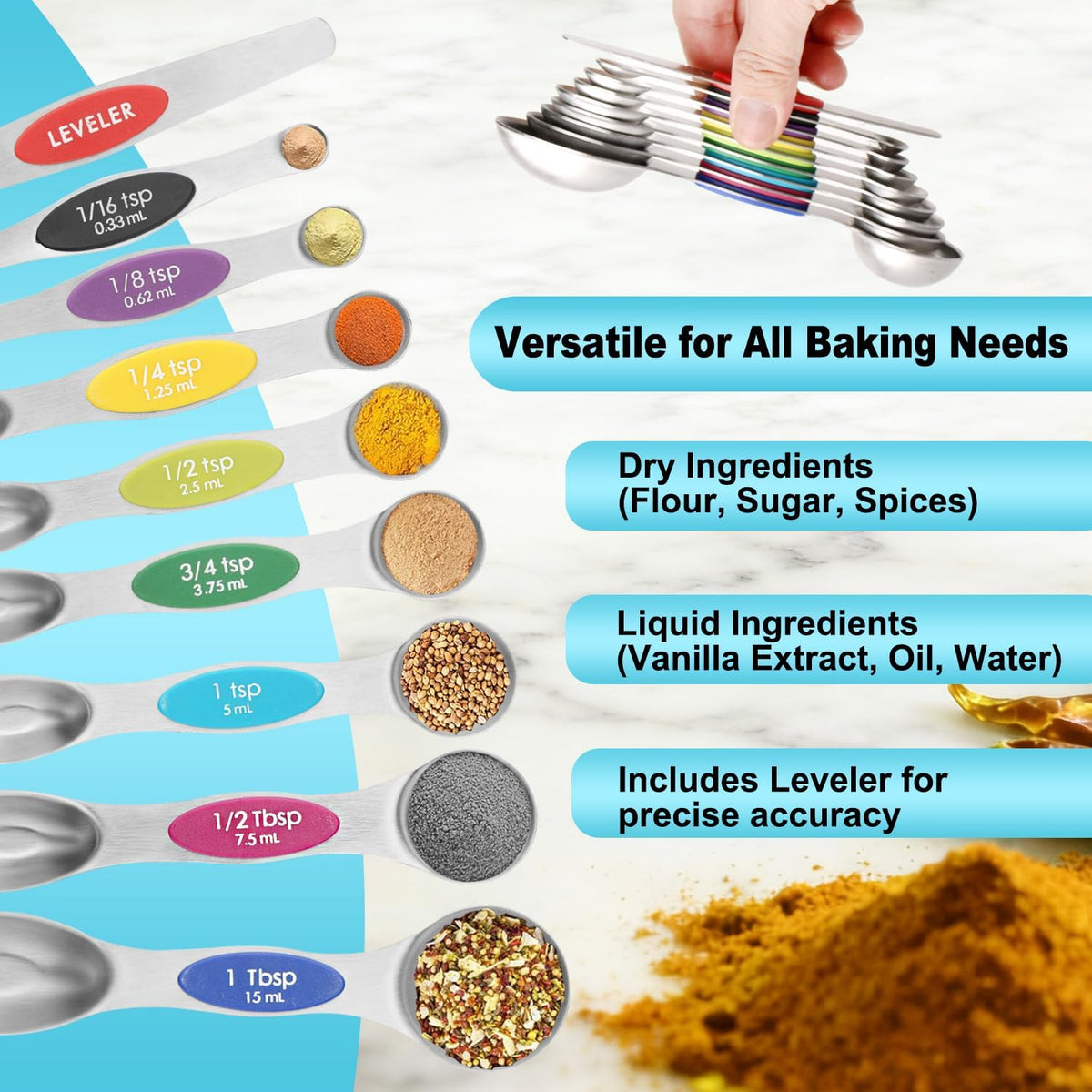 Gold Magnetic Measuring Spoons Set Stainless Steel with Leveler, Dual-Sided Stackable Metal Measuring Spoons for Baking & Cooking, Fits in Spice Jars, Heavy Duty Kitchen Gadgets, 8 Spoons & 1 Leveler
