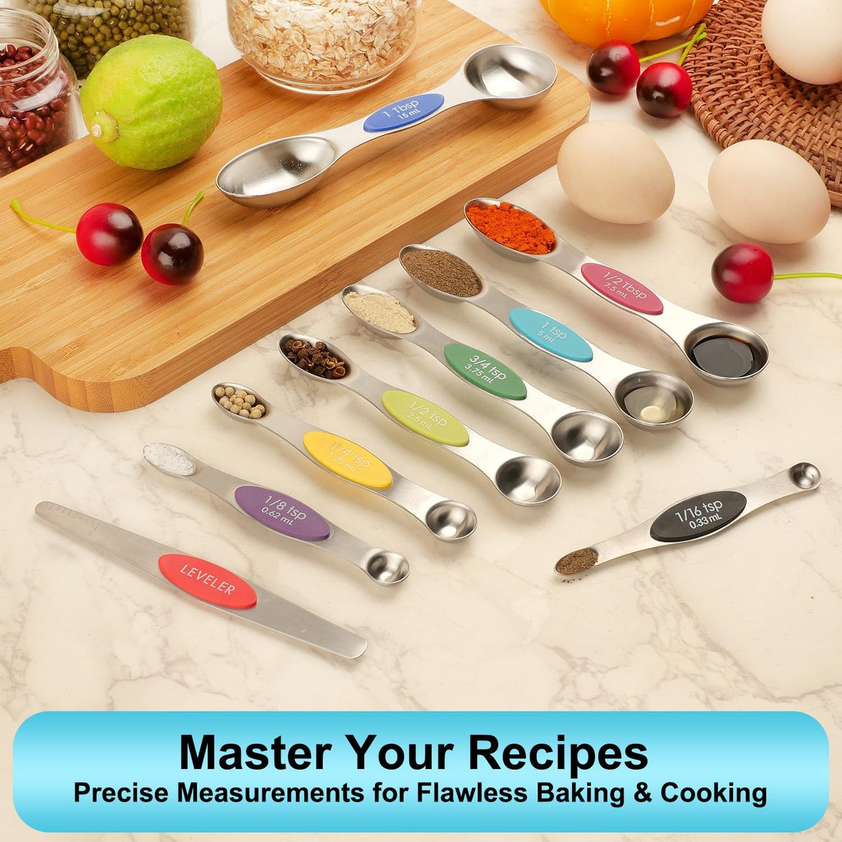 Gold Magnetic Measuring Spoons Set Stainless Steel with Leveler, Dual-Sided Stackable Metal Measuring Spoons for Baking & Cooking, Fits in Spice Jars, Heavy Duty Kitchen Gadgets, 8 Spoons & 1 Leveler