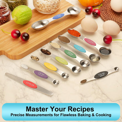 Gold Magnetic Measuring Spoons Set Stainless Steel with Leveler, Dual-Sided Stackable Metal Measuring Spoons for Baking & Cooking, Fits in Spice Jars, Heavy Duty Kitchen Gadgets, 8 Spoons & 1 Leveler