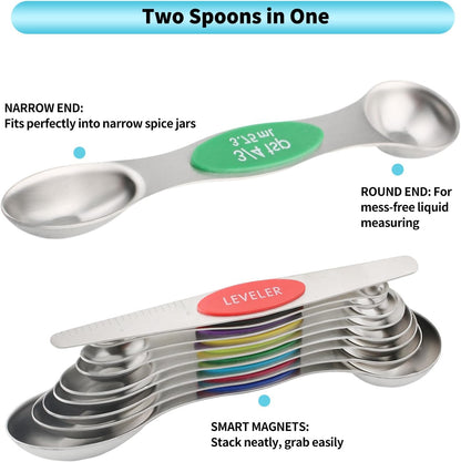 Gold Magnetic Measuring Spoons Set Stainless Steel with Leveler, Dual-Sided Stackable Metal Measuring Spoons for Baking & Cooking, Fits in Spice Jars, Heavy Duty Kitchen Gadgets, 8 Spoons & 1 Leveler