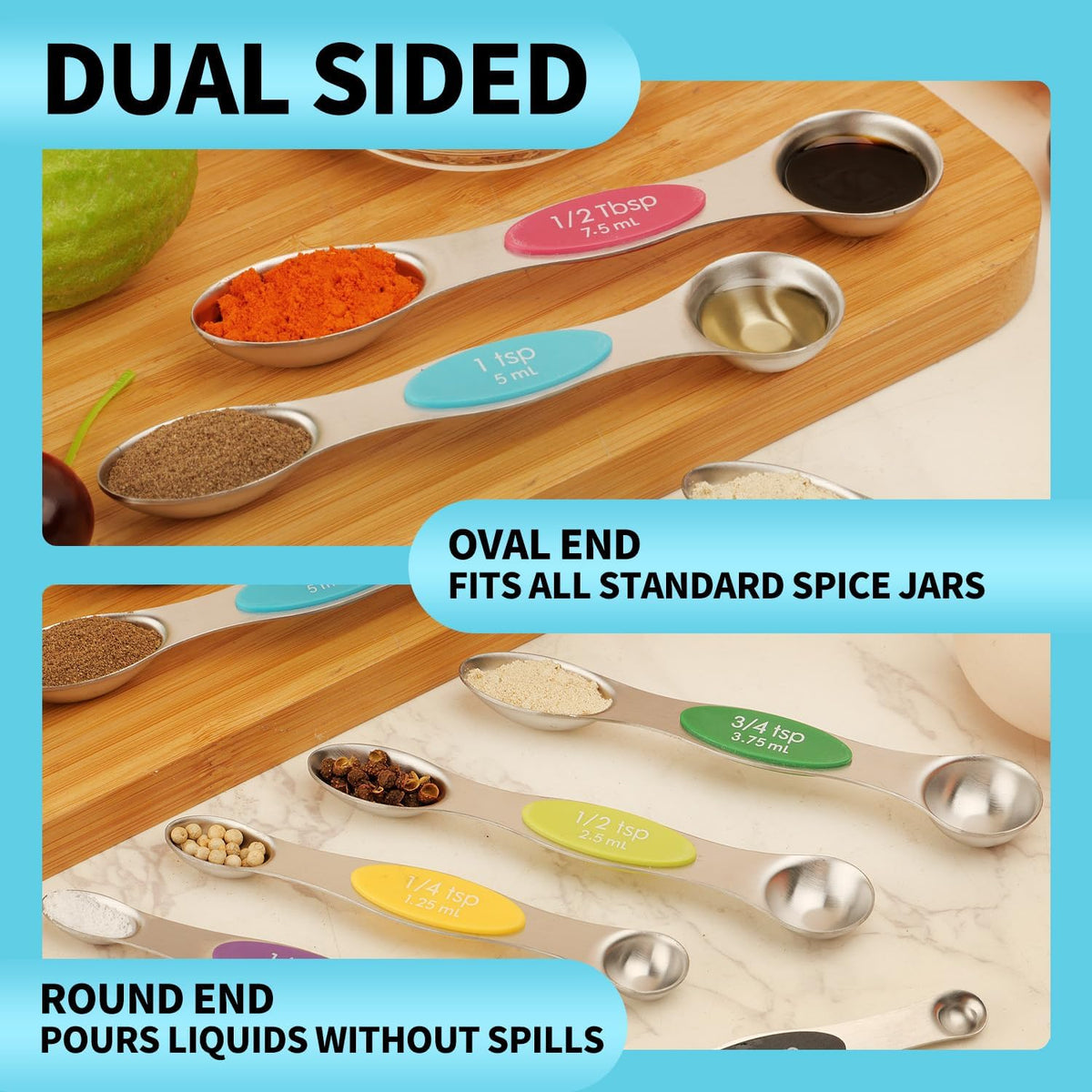 Gold Magnetic Measuring Spoons Set Stainless Steel with Leveler, Dual-Sided Stackable Metal Measuring Spoons for Baking & Cooking, Fits in Spice Jars, Heavy Duty Kitchen Gadgets, 8 Spoons & 1 Leveler