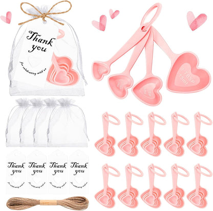 50 Set Heart Measuring Spoons,Pink Wedding Bridal Shower Bulk Return Gifts | Plastic heart measuring spoons with bags and cards. Practical souvenirs for wedding guests and bridal shower favors