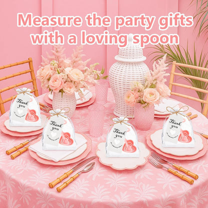 50 Set Heart Measuring Spoons,Pink Wedding Bridal Shower Bulk Return Gifts | Plastic heart measuring spoons with bags and cards. Practical souvenirs for wedding guests and bridal shower favors