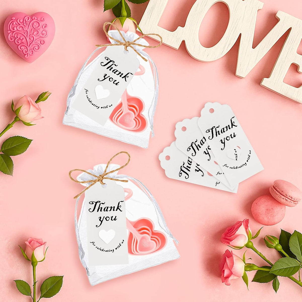 50 Set Heart Measuring Spoons,Pink Wedding Bridal Shower Bulk Return Gifts | Plastic heart measuring spoons with bags and cards. Practical souvenirs for wedding guests and bridal shower favors