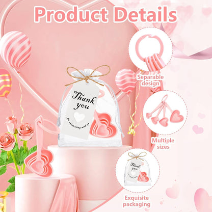 50 Set Heart Measuring Spoons,Pink Wedding Bridal Shower Bulk Return Gifts | Plastic heart measuring spoons with bags and cards. Practical souvenirs for wedding guests and bridal shower favors
