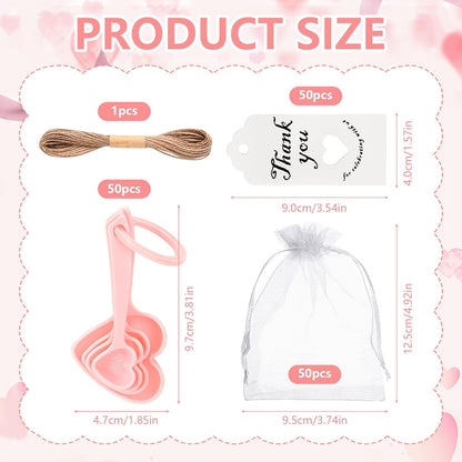 50 Set Heart Measuring Spoons,Pink Wedding Bridal Shower Bulk Return Gifts | Plastic heart measuring spoons with bags and cards. Practical souvenirs for wedding guests and bridal shower favors